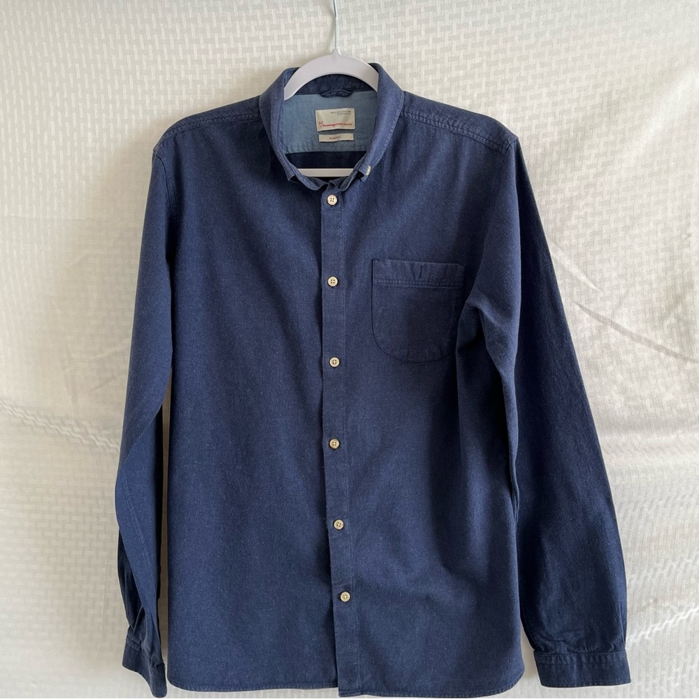 Knowledge Cotton Apparel Slim Fit Long Sleeve Button Down Shirt Blue Size Large